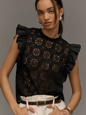 Anthropologie - Flat White - Crochet Ruffle Black Top